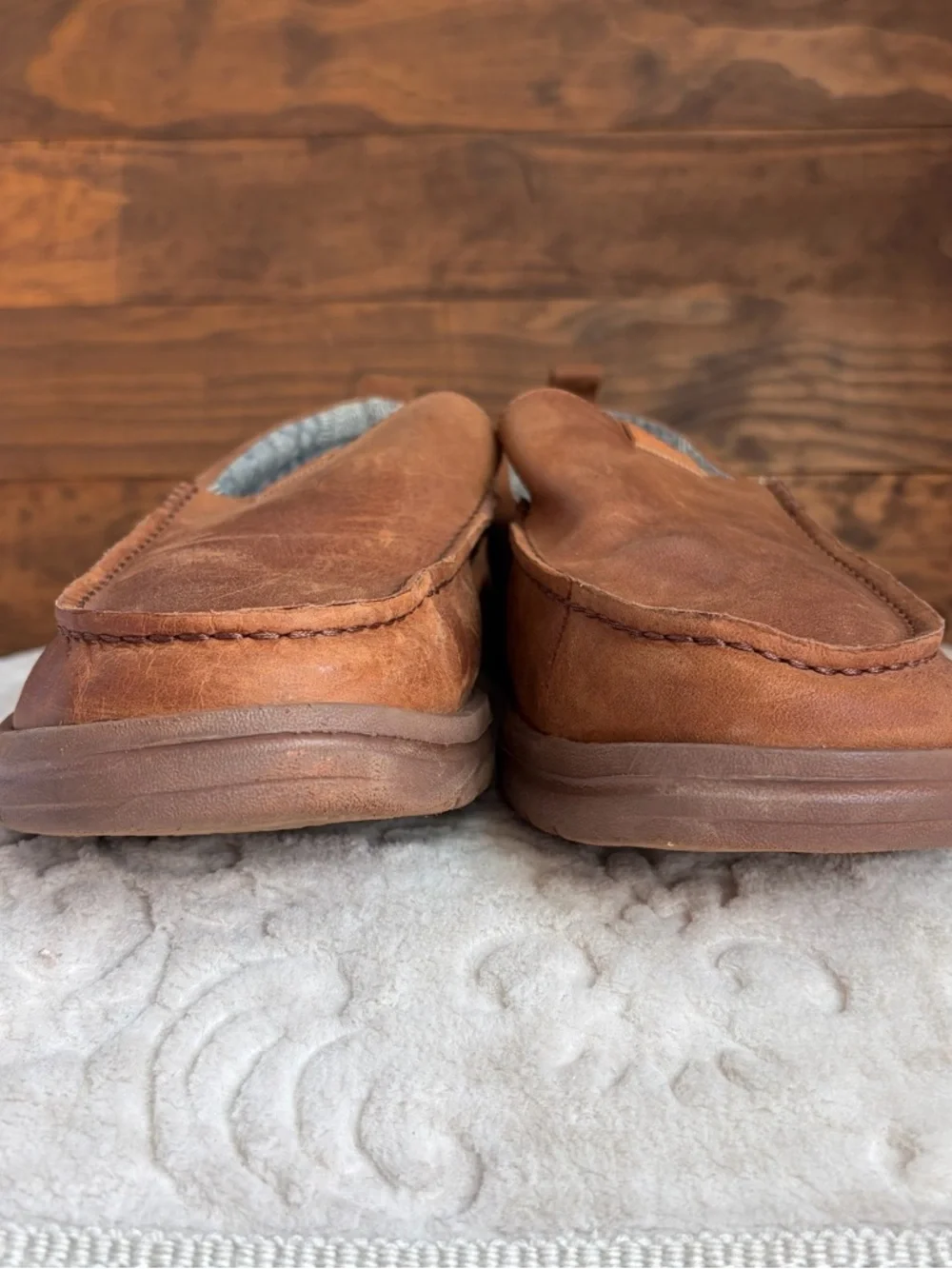 Hey Dude Wally Grip Moc Craft Leather Shoes Men Sz 15 Brown Slip On Comfort EUC - Picture 10 of 16